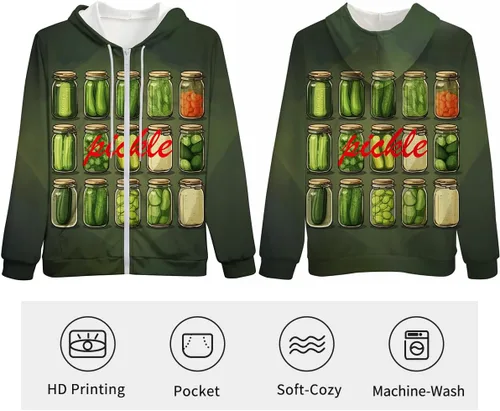 Vista 3 de Sudadera con capucha divertida con cremallera con tema de pepinillos
