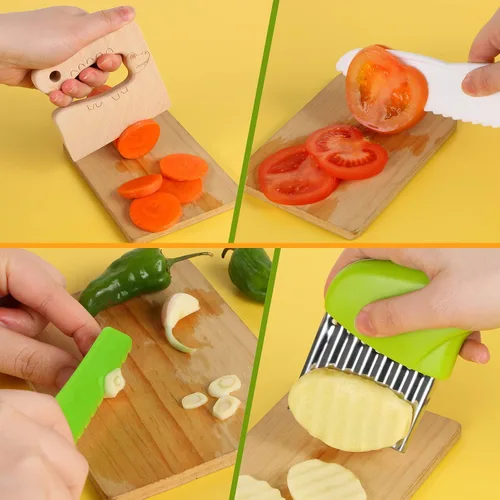 Vista 5 de Juego de cuchillos para niños, juego de cuchillos seguros para niños pequeños, cuchillos seguros para cocina real, bordes dentados, utensilios