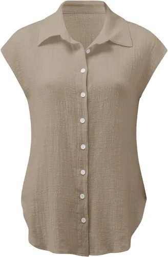 Vista 65 de Ceboyel Camisas para mujer de moda de verano, algodón, lino, manga corta, cuello con botones, blusa casual para mujer 2023