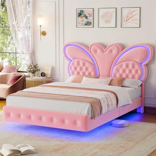 Vista 8 de Keyluv Marco de cama Queen con cabecera tapizada con patrón de mariposa, cama flotante moderna con luces LED, botones tapizados en cabecera y Beige