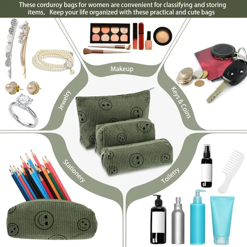 Vista 4 de Huhumy Juego de 3 bolsas de maquillaje para mujeres, bolsa cosmética de pana con sonrisa estética, bolsa de viaje para artículos de tocador, linda