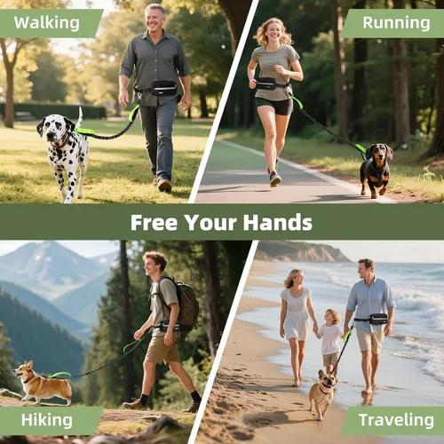 Vista 8 de Correa de perro manos libres con bolsa, correa de cintura para pasear al perro, trotar, senderismo, correas retráctiles con asas acolchadas dobles