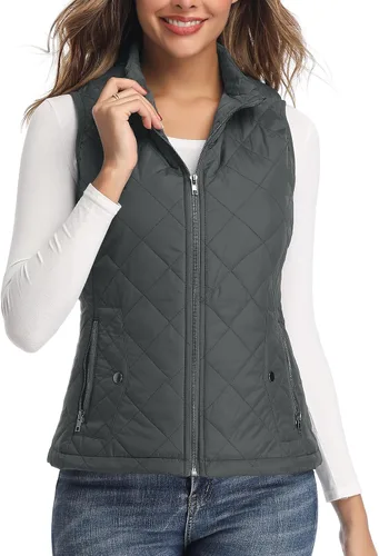 Vista 19 de LONGKING Chaleco de mujer, cuello alto, ligero, con cremallera, acolchado para mujer Rosa