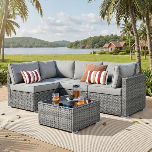 Vista 18 de ovios Juego de muebles de patio al aire libre de 5 piezas con mesa de café, conjunto seccional de muebles de patio con sofá de mimbre para todo tipo