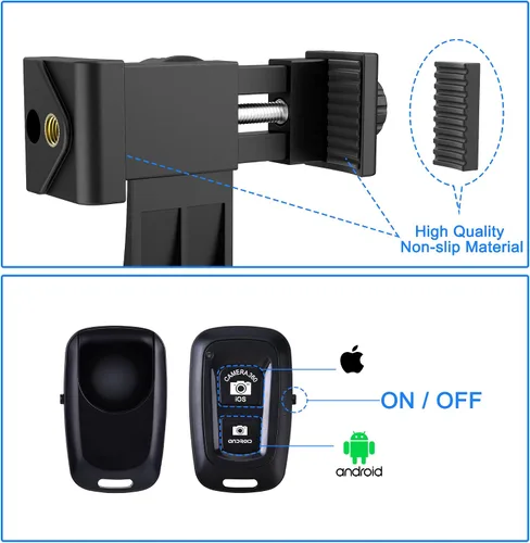 Vista 4 de Adaptador universal de trípode para teléfono con control remoto de cámara inalámbrico, soporte para teléfono celular con abrazadera ajustable