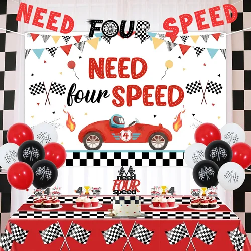 Vista 2 de Need Four Speed - Decoraciones de cumpleaños con temática de auto de carreras, pancarta para decoración de pasteles, decoración de cupcakes, mantel