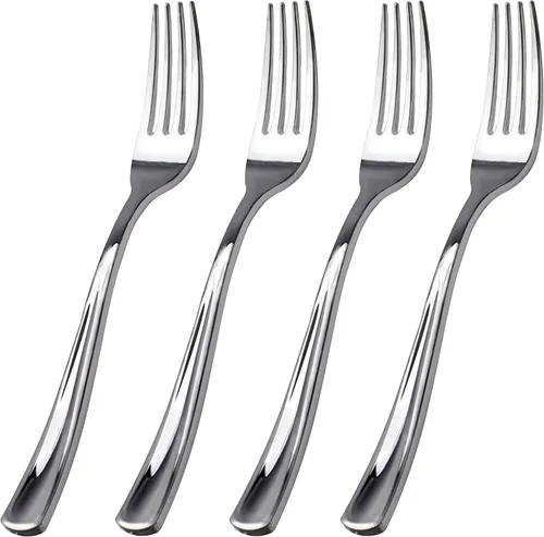 Vista 17 de WDF 100 tenedores de plástico dorado – Tenedores resistentes y duraderos desechables de 7.4 pulgadas – Elegantes tenedores dorados para postre