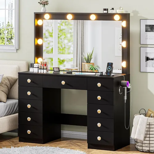 Vista 9 de DINGIPP Tocador de 42.1 pulgadas con espejo grande y 10 luces LED, escritorio de tocador con tope de cristal, 11 cajones con asas de cristal