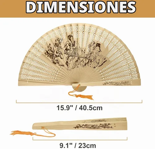 Vista 4 de FoDau770 Abanicos plegables de madera, abanicos de mano de madera clásica, con patrón de antigüedad, ventilador de mano de madera tallada hueca