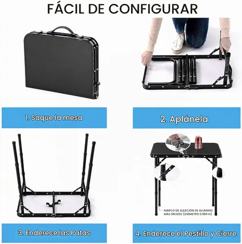 Vista 5 de Mesa plegable pequeña, mesa de aluminio de campamento de 24 pulgadas de largo x 16 pulgadas de ancho con patas de altura ajustable, mesa de comedor