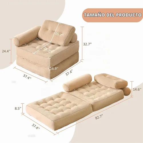 Vista 2 de Afuson Plus - Sofá cama futón para espacios pequeños, sofá de piso con reposabrazos, sofá plegable, sofá convertible con almohada, portátil, cómodo