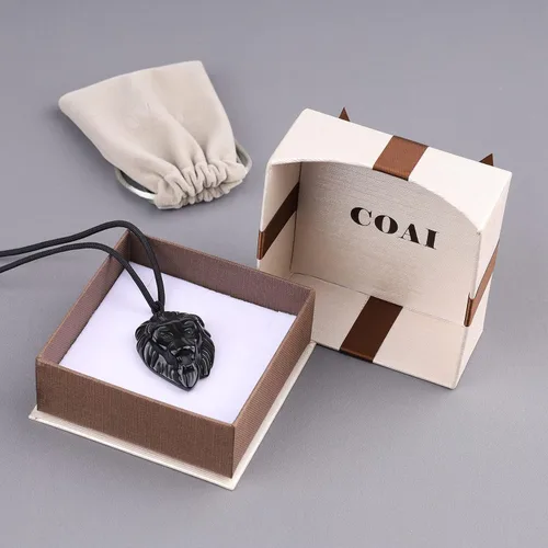 Vista 7 de COAI Collar con colgante de cabeza de león de obsidiana negra para hombre