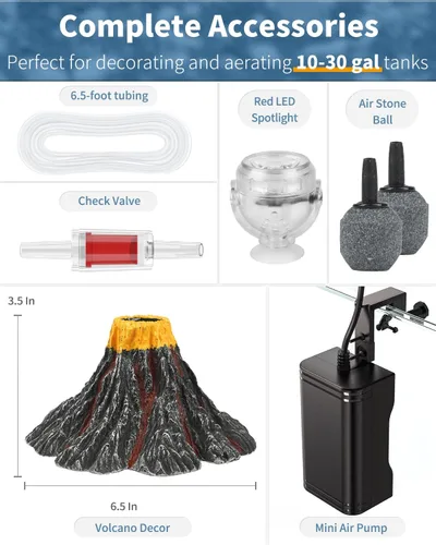 Vista 3 de Kit de adorno de volcán para acuario Uniclife Errupción volcánica con mini bomba de aire, foco LED rojo, piedra de aire burbujeador, tubo de línea