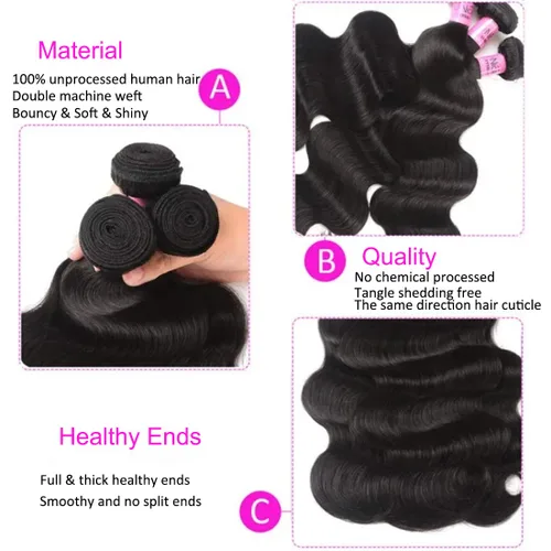 Vista 4 de UNice Cabello malasio, ondulado, 3 paquetes con parte libre, cierre de encaje 4x4, 100% cabello humano virgen sin procesar, color natural