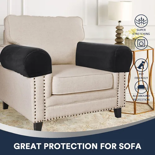 Vista 2 de Fundas para brazos de sofá, protectores de felpa de terciopelo antideslizantes para sofá, silla, sillón reclinable, juego de 4, color negro