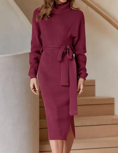 Vista 54 de ZESICA - Vestido por debajo de la rodilla de suéter, de cuello alto, para mujer, de manga larga, de punto acanalado, con abertura y cinturón