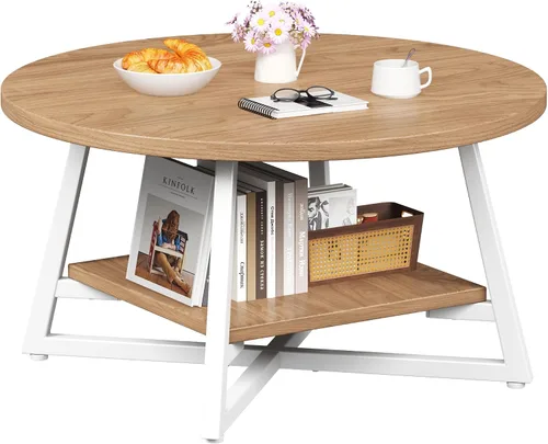 Vista 9 de Mesa de café para sala de estar, Mesa de café redonda, Mesa de café pequeña circular con almacenamiento, Mesa de centro redonda moderna de madera