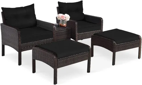 Vista 9 de Juego de muebles de mimbre para patio, juego de conversación de mimbre modular para exteriores con 2 otomanas y mesa de centro de vidrio templado