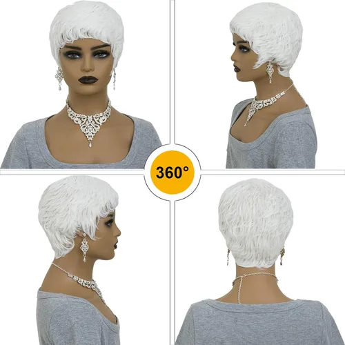 Vista 4 de Pelucas blancas cortas Pixie para mujeres negras, cabello sintético ondulado natural con gorra ligera, peluca corta de corte Bob con textura suave