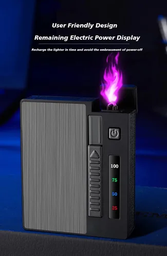 Vista 5 de Ambrogio.L 20 cigarrillos regulares caso/caja con encendedor de arco a prueba de viento con pantalla de alimentación USB recargable, sin llama, a