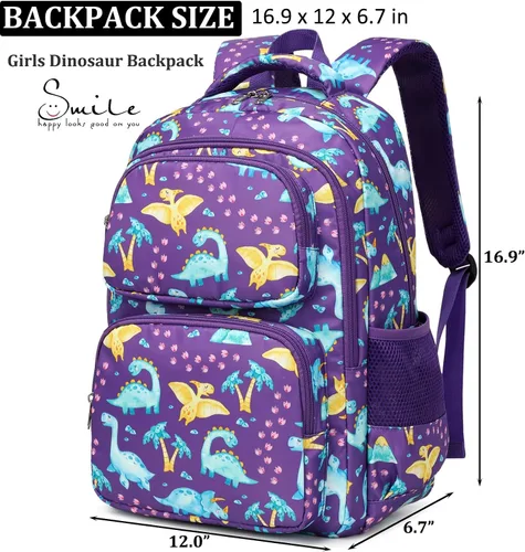 Vista 5 de JIANYA Mochila escolar para niños y niñas Dinosaurio/Púrpura