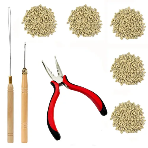 Vista 8 de Kit de herramientas de extensiones de cabello, 500 piezas de cuentas de microanillo, 1 alicates de extensión de cabello, 1 aguja de gancho, 1 lazo