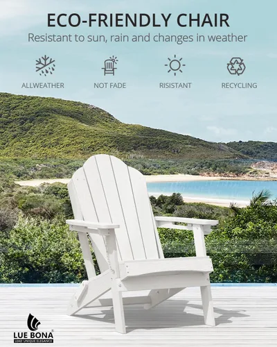 Vista 5 de LUE BONA Silla Adirondack plegable, juego de 2, portavasos, grano de madera, hoguera, patio, piscina, color blanco All-weather Use, Woodgrain