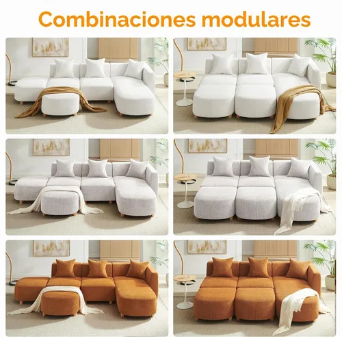 Vista 9 de 279 cm Sofá modular seccional con 3 almohadas, cómodo sofá de chenilla en nube convertible de 5 plazas con reposapiés, sofás seccional modernos
