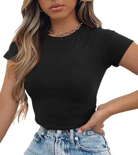 Vista 3 de Artfish Camiseta básica para mujer, cuello redondo, manga corta, ajustada, casual, para entrenamiento