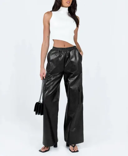 Vista 2 de Fisoew - Pantalones cargo de cuero para mujer, holgados, cintura alta, pierna ancha
