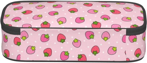Vista 8 de Estuche para lápices con lunares rosados de fresa de gran capacidad, bolsa de papelería con cremallera, soporte portátil para bolígrafos