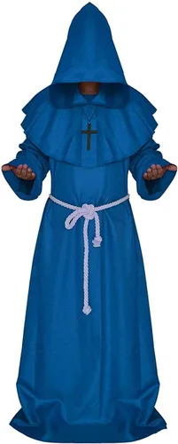 Vista 9 de Disfraz de monje renacentista medieval con capucha tipo Fraile, disfraz de cosplay. Negro