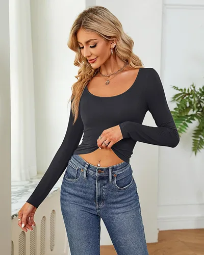 Vista 7 de 3 piezas de camisetas cortas básicas de manga larga para mujer, ajustadas, cuello redondo, color liso, casual, para mujer