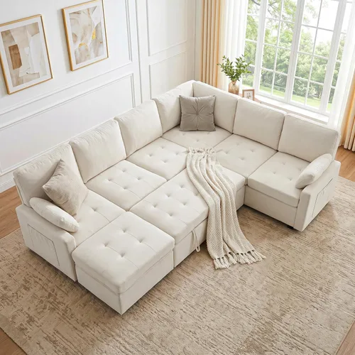 Vista 2 de Huatean Home Sofá extraíble de 105 pulgadas con almacenamiento, sofá cama, sofás modulares en forma de U de 7 asientos para sala de estar, sofá Beige