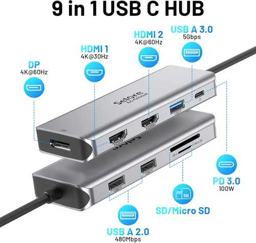 Vista 2 de Estación de acoplamiento USB C Monitor dual, estación de acoplamiento de triple pantalla USB C 9 en 1 a adaptador HDMI dual Displayport SD TF lector