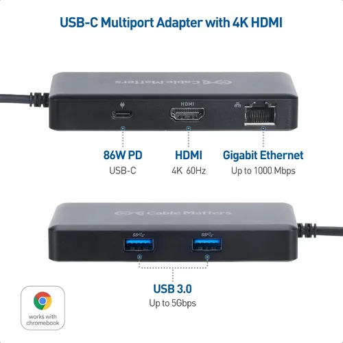 Vista 2 de Cable Matters [Funciona con certificado Chromebook] 4K @60Hz USB C Hub HDMI, adaptador multipuerto USB-C con HDMI, 2X USB3.0, Gigabit Ethernet y PD