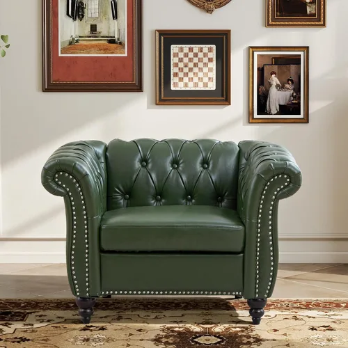 Vista 13 de LEVNARY Sillón Tapizado en Cuero, Silla Sofá Individual Estilo Mediados de Siglo Moderno con Brazos Curvos y Tachuelas, Silla Chesterfield de Cuero