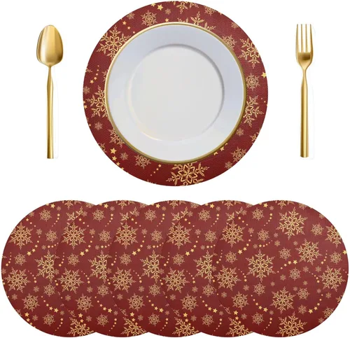 Vista 11 de Juego de 6 manteles individuales redondos, copos de nieve sobre rojo oscuro, resistentes al calor, para mesa de comedor, decoración de Navidad
