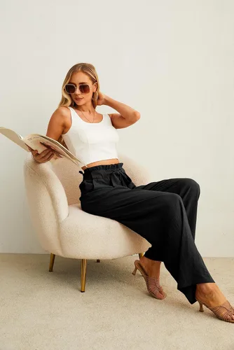 Vista 5 de IWOLLENCE Pantalones de pierna ancha para mujer con bolsillos, cintura alta, nudo ajustable, holgados, casuales, para trabajo y negocios