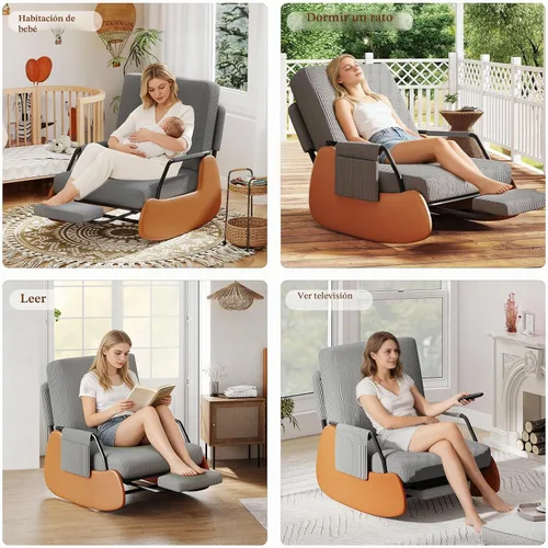 Vista 6 de Furniliving Moderna mecedora, silla mecedora tapizada para guardería con reposapiés reclinable ajustable y retráctil, cómoda silla de descanso