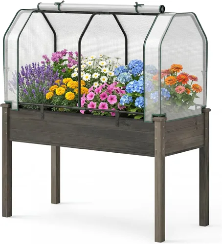 Vista 13 de S AFSTAR Cama de jardín elevada con cubierta de invernadero, maceta de madera elevada, 47 pulgadas de largo x 24 pulgadas de ancho x 30 pulgadas