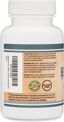 Vista 4 de Suplemento de berberina de 500 mg, alta pureza 97% HCl, 60 cápsulas (probado por terceros, sin OMG, sin gluten, apto para veganos) Activador AMPK