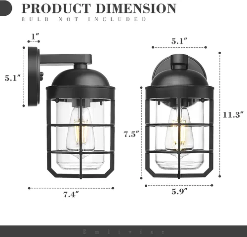 Vista 6 de Emliviar Juego de 2 lámparas de pared exteriores para porche, linterna de 11.3 pulgadas de color negro para montaje en pared con base de bombilla