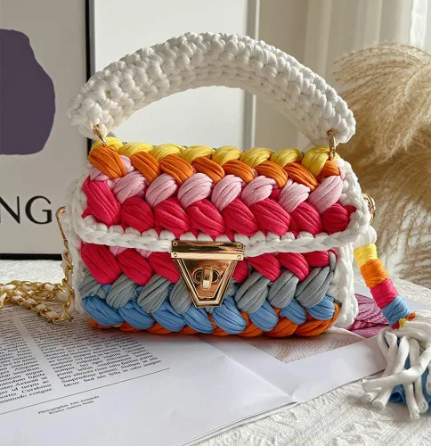 Vista 5 de Bolso cruzado para mujer, bolso de hombro de punto de hilo grueso, bolso de mano tejido a mano, bolso de noche con solapa