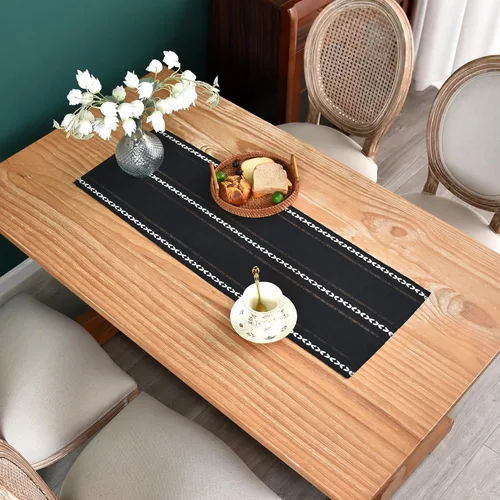Vista 2 de Camino de mesa rústico de granja con rayas trenzadas, caminos de mesa bordados, decoraciones de mesa para cocina, sala de estar, comedor, días