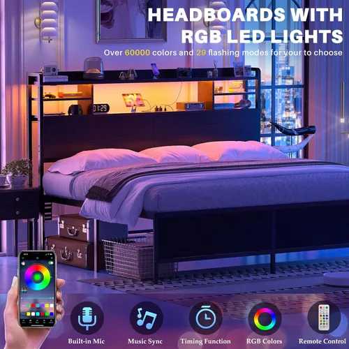 Vista 5 de Aheaplus Cabecero para cama tamaño Queen con almacenamiento, cabeceros con luz LED, tomas de corriente, puertos USB, tamaño Queen, cabecero