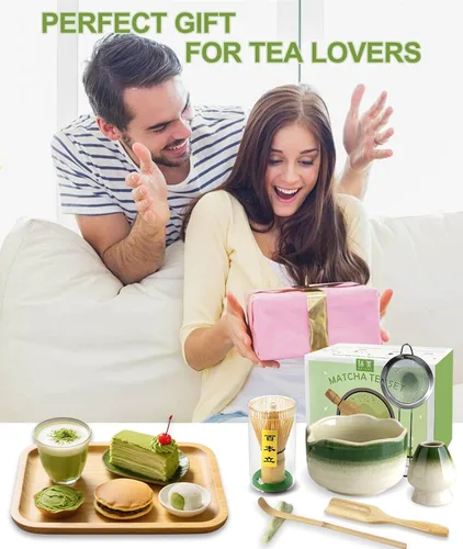 Vista 7 de JBER Juego de matcha, 7 piezas de batidor de cerámica Matcha para ceremonia Gradiente Verde