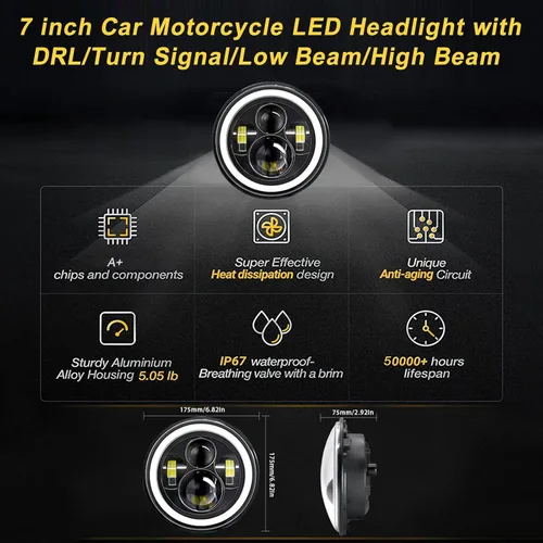 Vista 5 de Shkalacar Faro LED H4 de 7 pulgadas 140W Ojos de Ángel Faros redondos 4 modos 14000LM 6000K Blanco/3000K Ámbar Faro de coche y motocicleta Auto Ring
