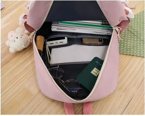 Vista 5 de DAHUOJI Juego de 5 mochilas estéticas Kawaii para niñas escolares con colgantes y alfileres, estuche para bolígrafos, bolsa de mano, bolsa pequeña