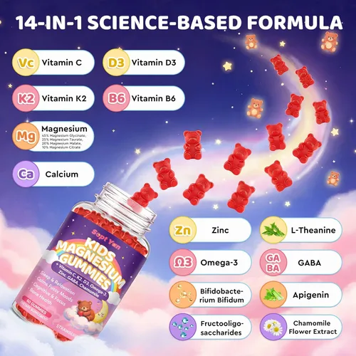 Vista 4 de Gomitas calmantes de magnesio para niños y adultos, complejo de magnesio con L-teanina, vitamina C, K2, D3, Omega-3, GABA, manzanilla, apoya